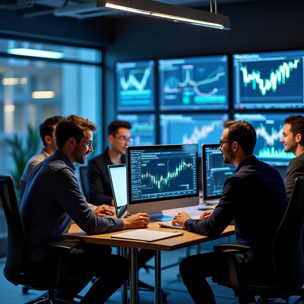 Equipo de expertos en criptomonedas trabajando en oficina moderna